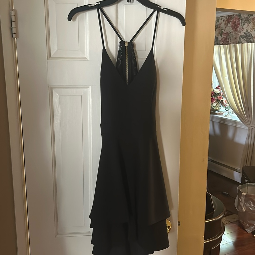 Women's V-Neck Double Tier Lace Back Solid Scuba Crepe Fit & Flare Dress